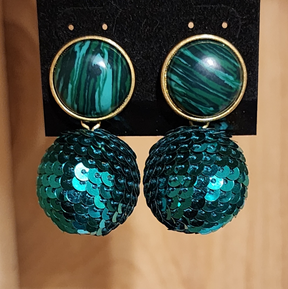 Cora Thomas for Tuckernuck Earrings Green sequin Disco Ball Faux Malachite